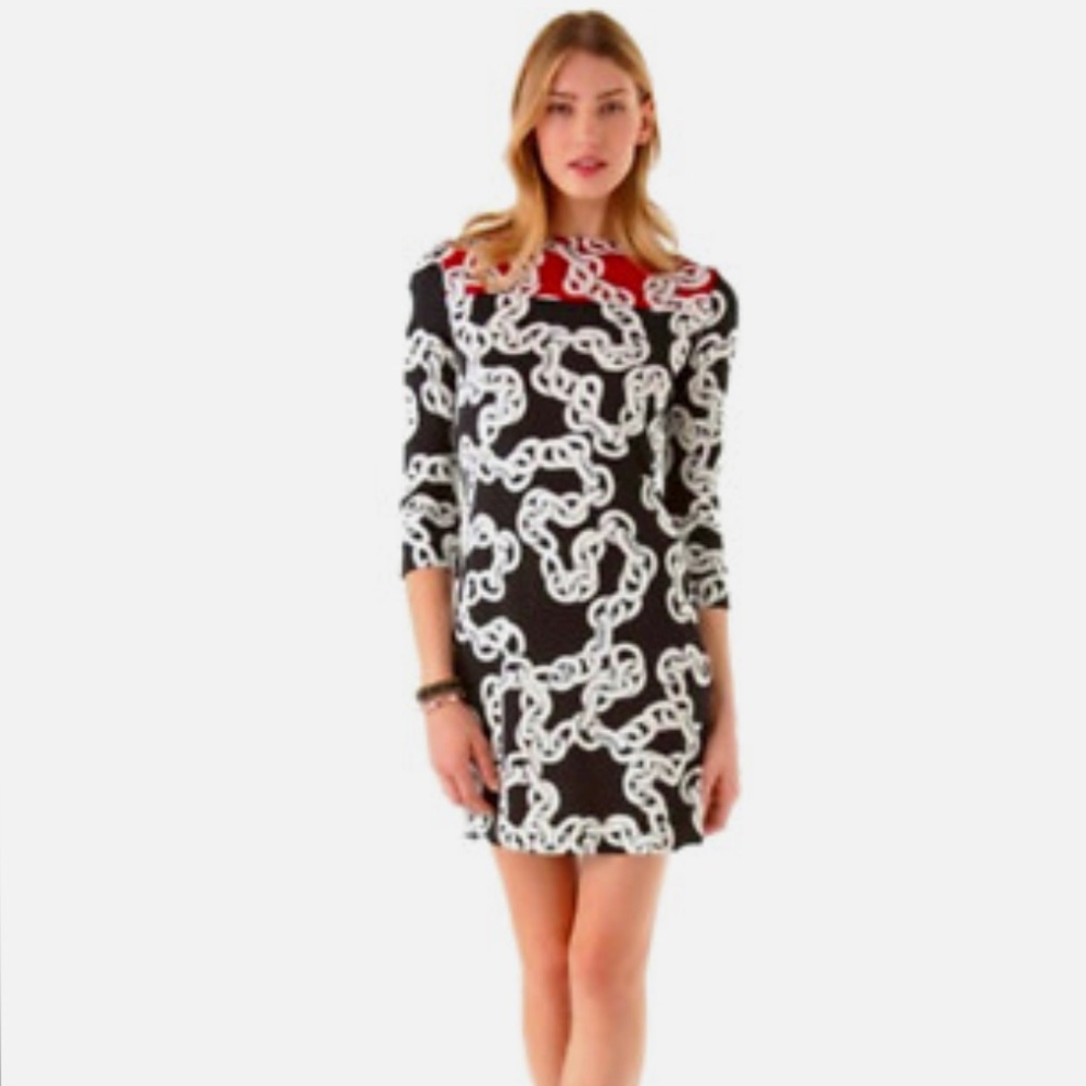 Diane Von Furstenberg Black & White Chain-Print Mini Dress with Red Yoke